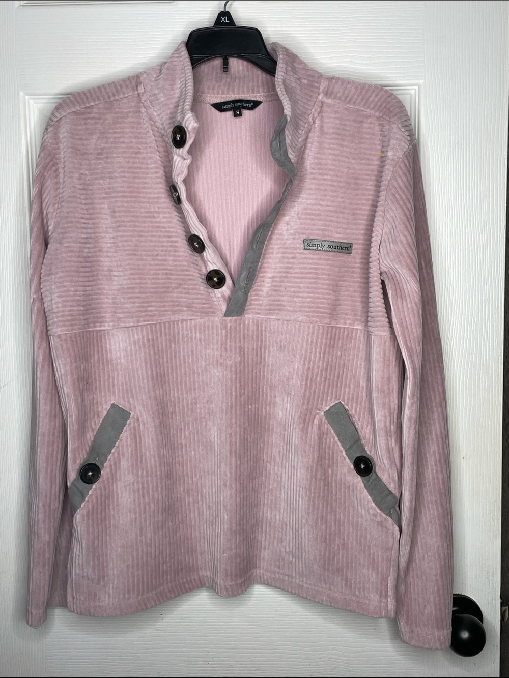 Simply Southern Dusty Rose Corded Pullover with Gray Trim. Size S